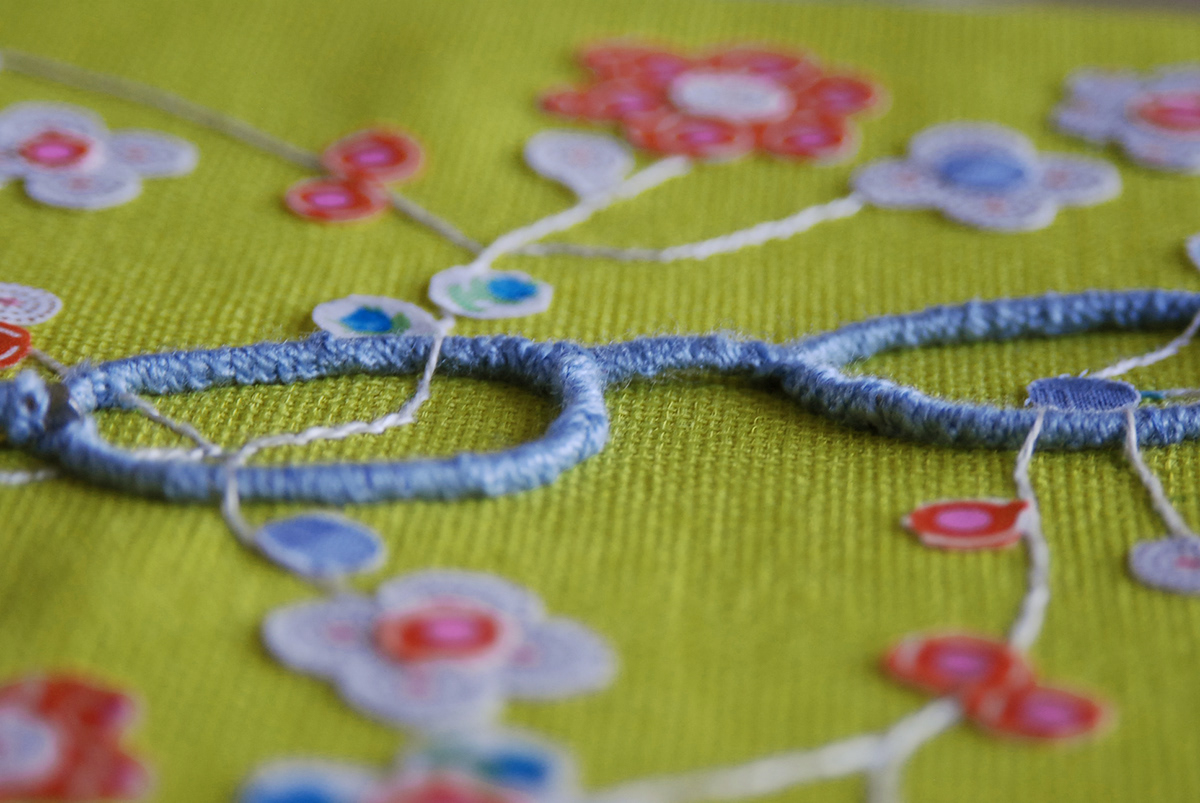 handembroidery canvas textile Embroidery art Flowers glasses color thread fiber vintage