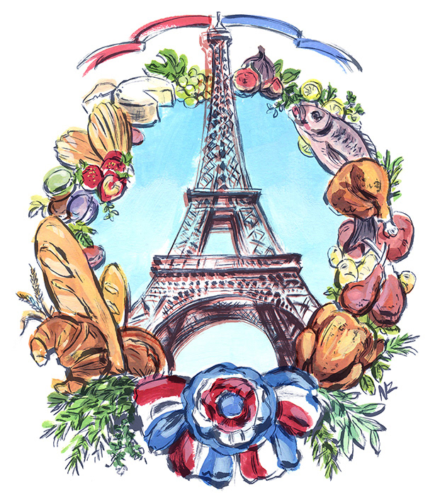 Editorial Illustration travel illustration food illustration Paris Food  ink drawing
