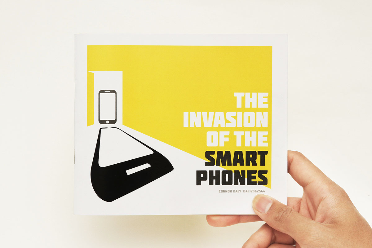 #publication #essay #smartphone #iphone #technology #android #app #layout #indesign #addiction #society #people #graphics #phone #mobile phones #Booklet #yellow #emoji #B/W