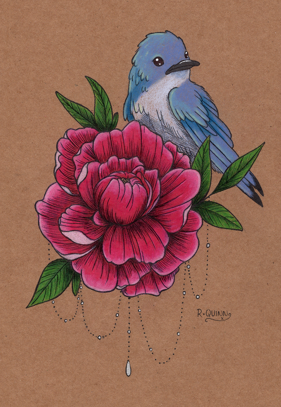 blue bird peony floral tattoo bird ILLUSTRATION  Pencil drawing sketchbook