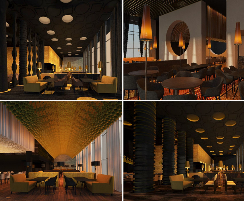 #restaurant #design #public #space #interior #concept #artdeco #black #gold #white #lines #patterns #columns #circles #chains