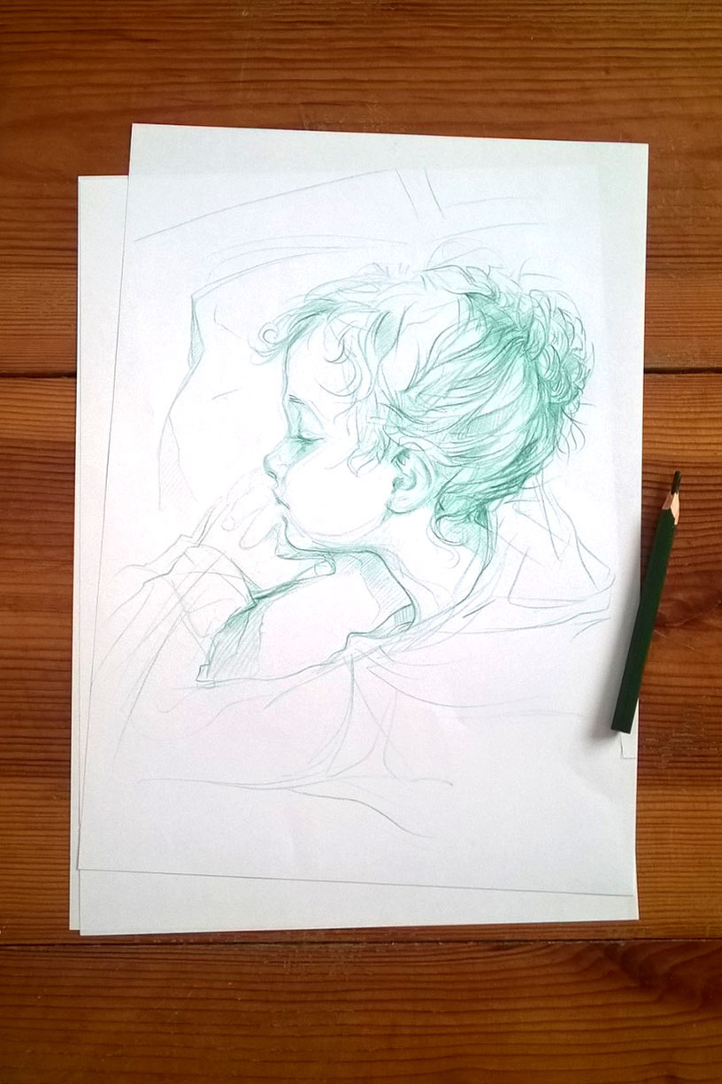 sleepy head sketch Pencil drawing girl child baby girl portrait children digital portrait