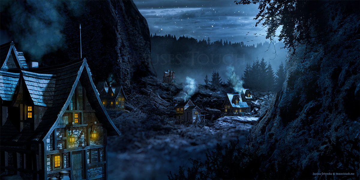 moonlightvillage night stars village Cottages mountains moonlight 3D muses touch retouchingcreative