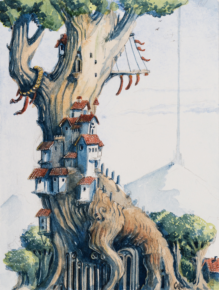 trees miyazaki fantasy watercolor wind Nature green babel tower elves