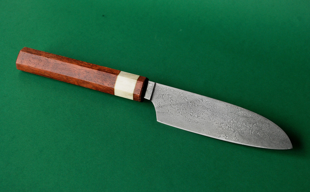 knife Damascus pattern weld steel Blade kitchen bubinga wood antler handle epoxy