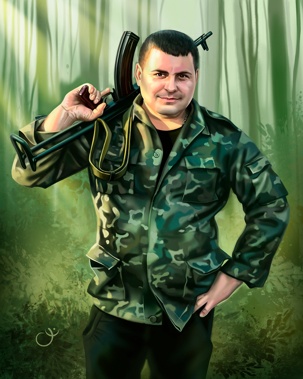 portretCG art camouflage man in camouflage machine military portrait Military