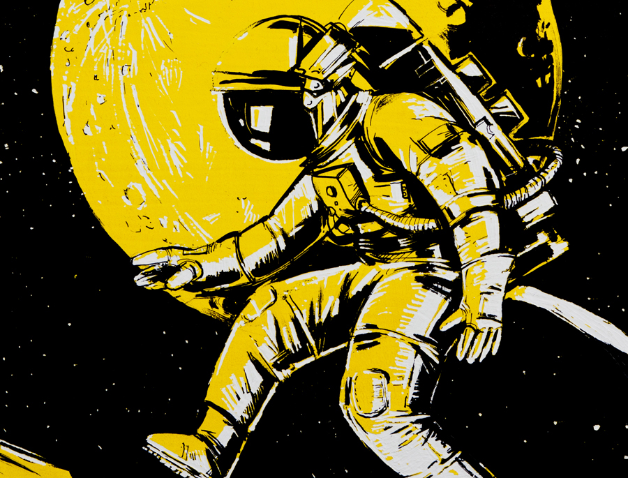 Space  infinity weightless yellow black scratchboard astronaut