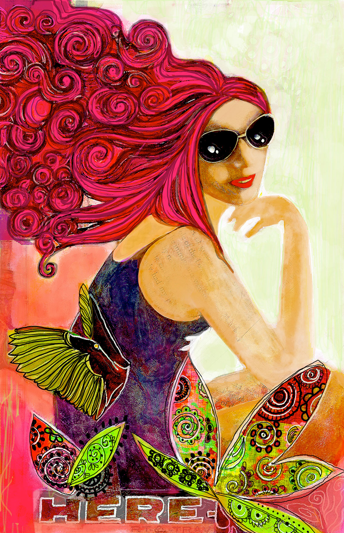 Adobe Portfolio mixed media line art girl etiquette boredom sunshine curls Sunglasses swimwear