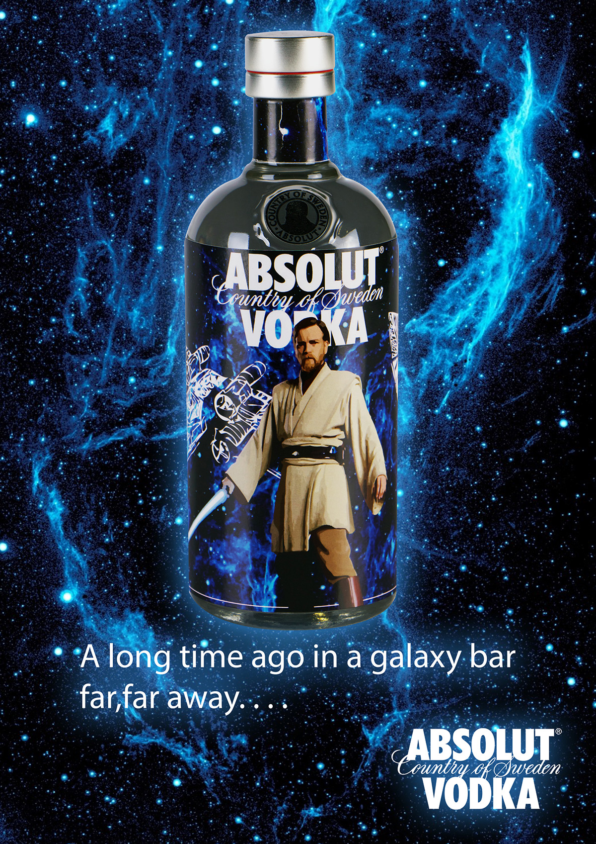 star wars Han Solo obi van kenobi yoda luke skywalker absolut Vodka bottle Label design Promotional poster creative harison ford