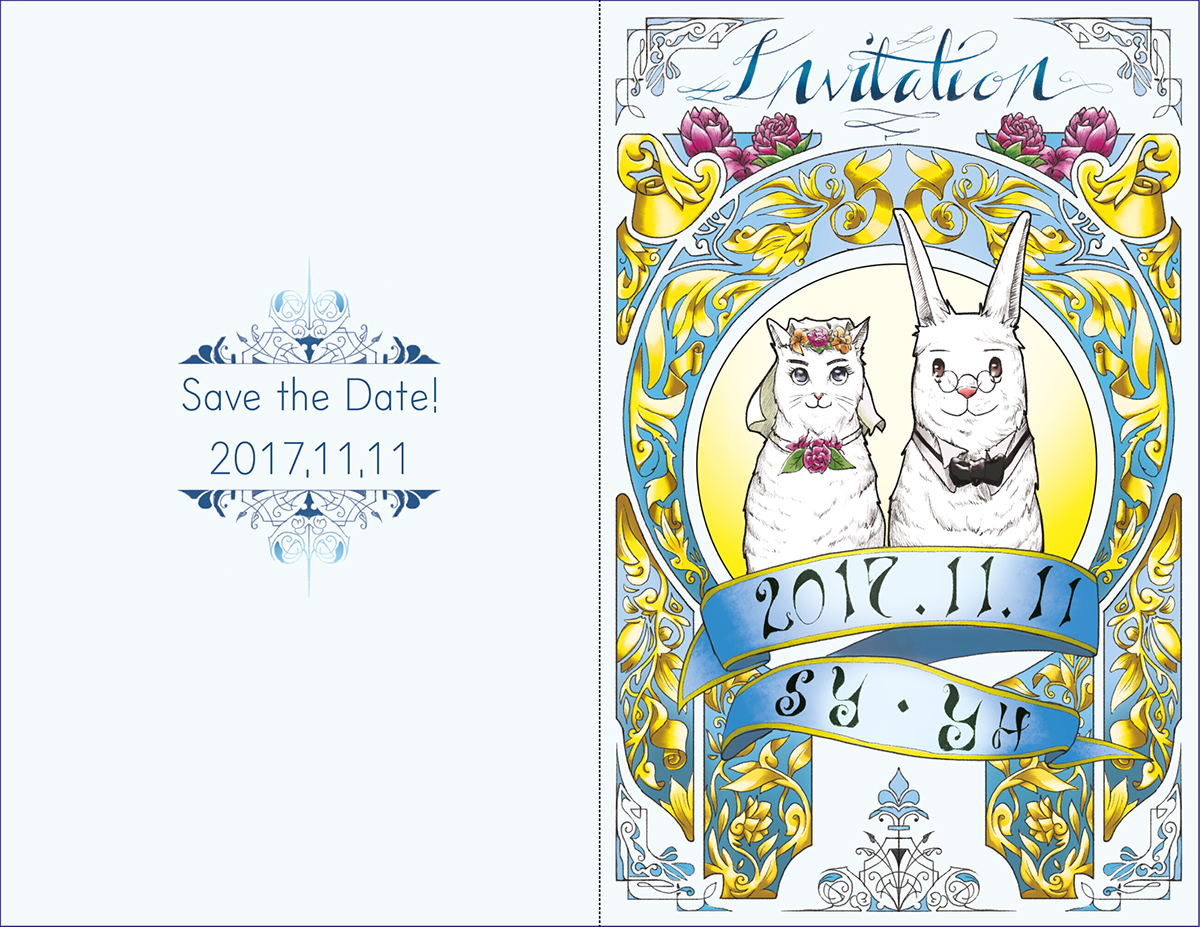 wedding Invitation Card decoration lettering rabbit Cat Character Greetings card cute ornaments