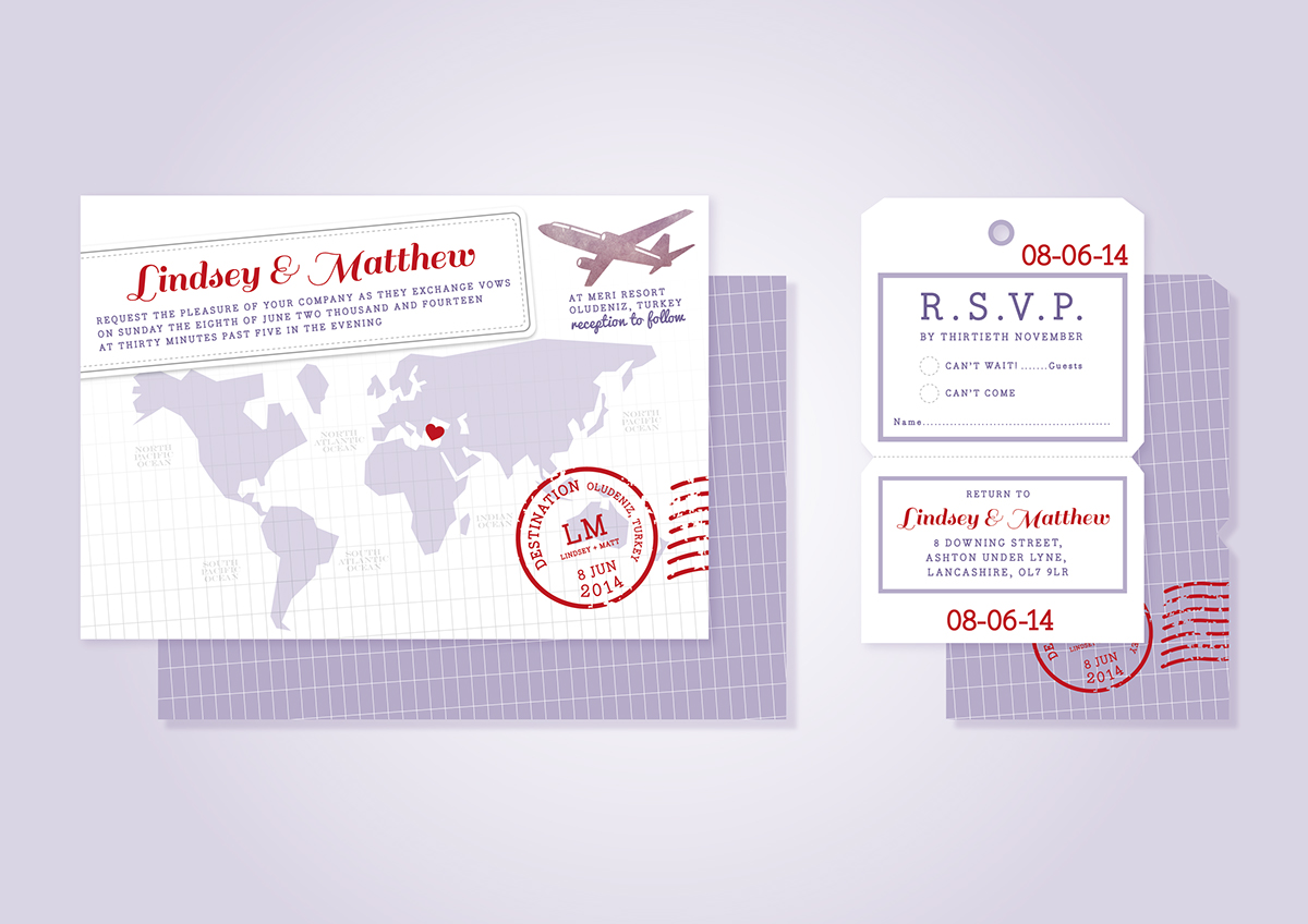 wedding Stationery Invitation Travel Theme purple White type map abroad graphic