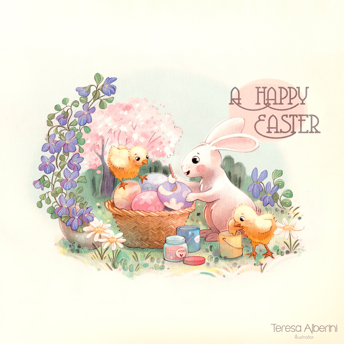 bunny Chick childrensbook Easter Flowers ILLUSTRATION  postcard vintage violets