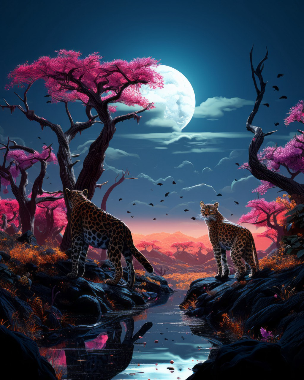 ILLUSTRATION  celestial Nature forest animals colorful fauna moonlight nighttime nocturne