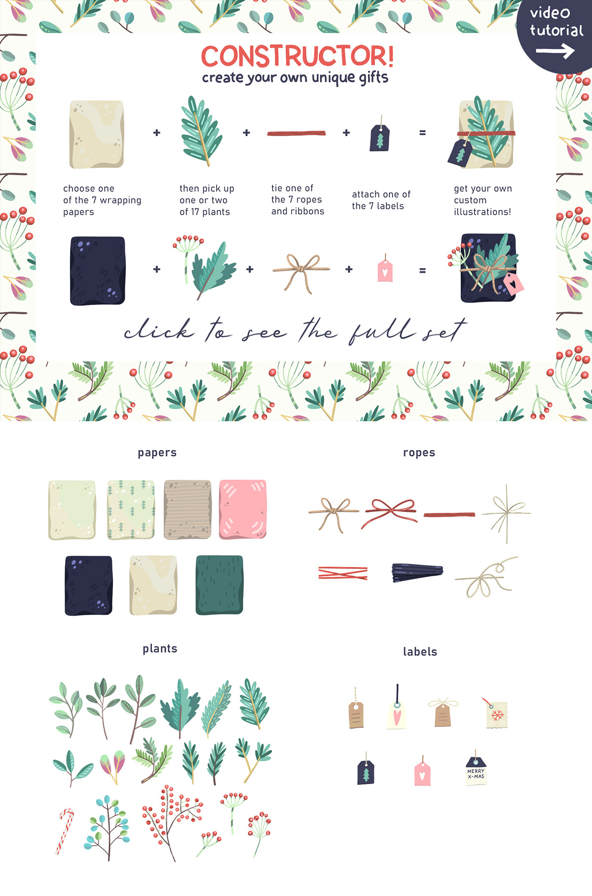 Christmas doodles flat illustration gifts hygge new year Presents winter Mockup