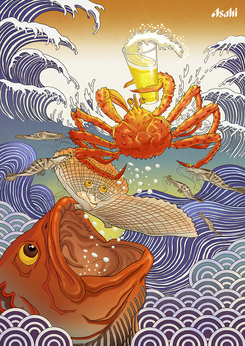 monster japan japan monster ukiyoe beer asahi sea seafood crab firework kimono wave tengu fiesta japan tradition