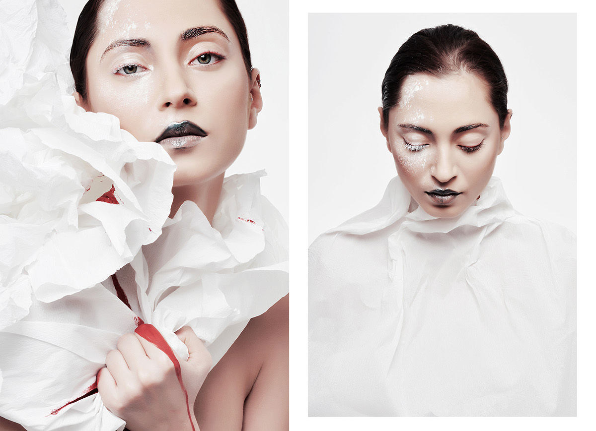 portrait woman spring blood red black White hibiscus dust make-up Minimalism purity look eyes conceptual