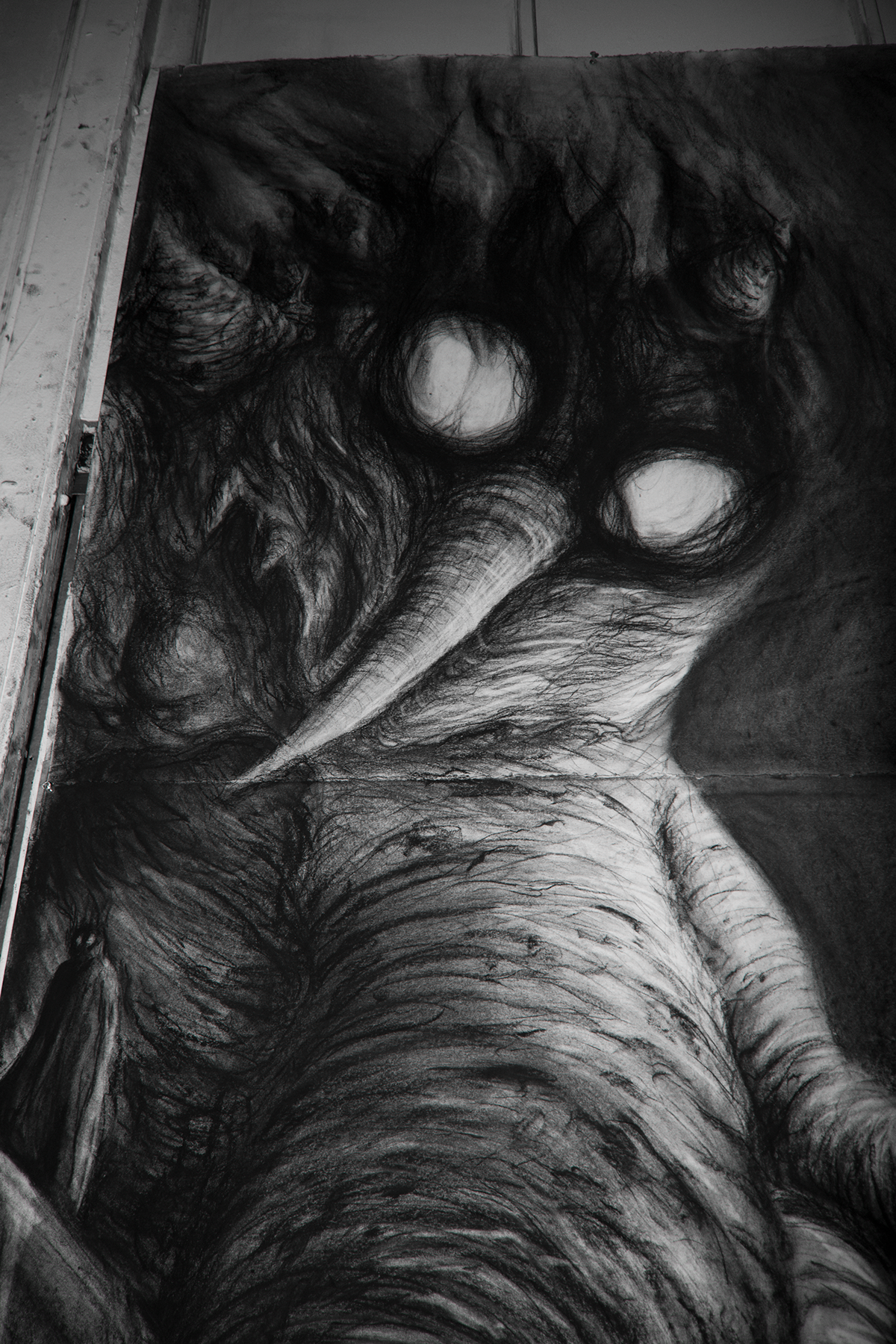 Drawing  charcoal black and white monster surreal surrealism human space