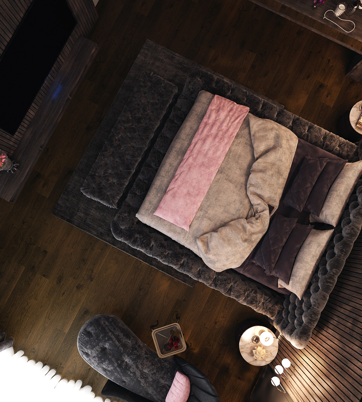 3dsmax vray bed bedroom gray pink wood Love dark black