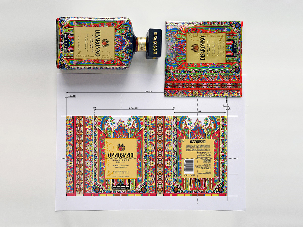 disaronno etro sleeve Disaronno wears Etro special edition Packaging design Label bottle brand identity