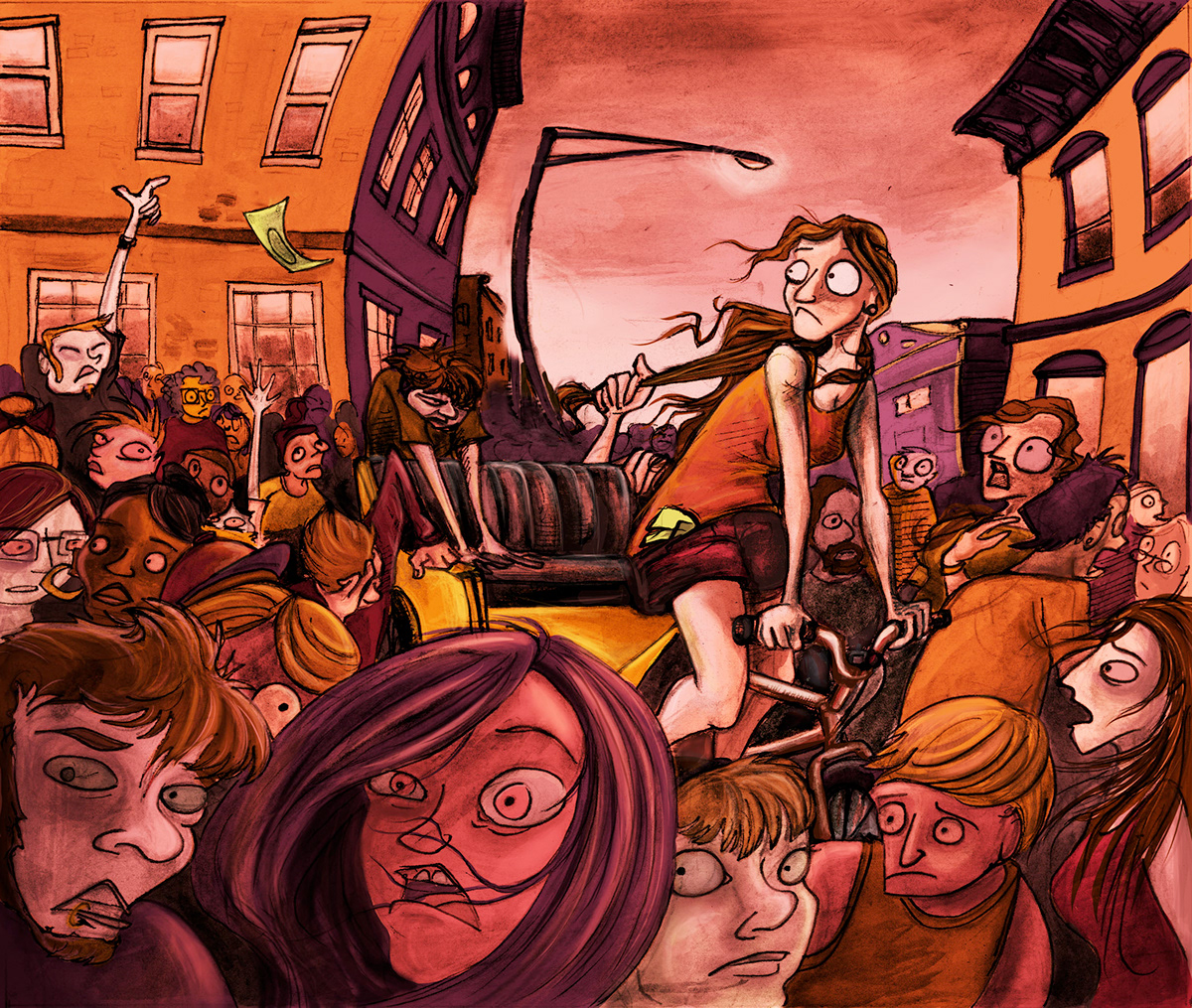 cartoon pedicab Savannah people crowds hysteria panic insanity money city downtown SCAD Autobiography