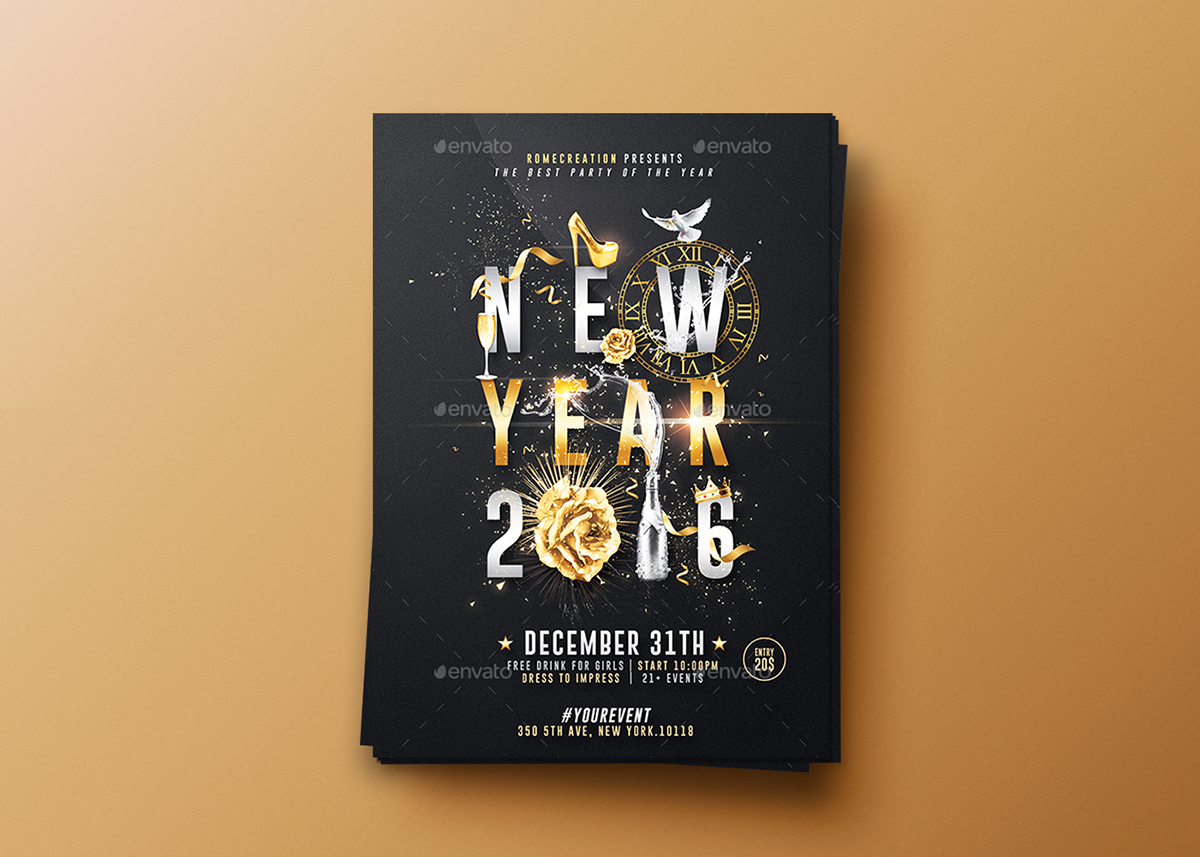black Champagne chic Christmas Classy Party elegant Flyer Party gold happy Invitation luxurious new year Nye newyear