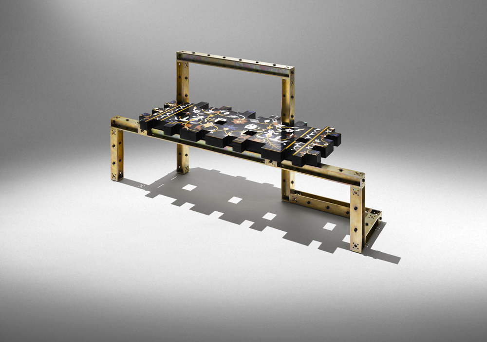 nucleo bench Marble cube iron pixel handmade nilufar gallery