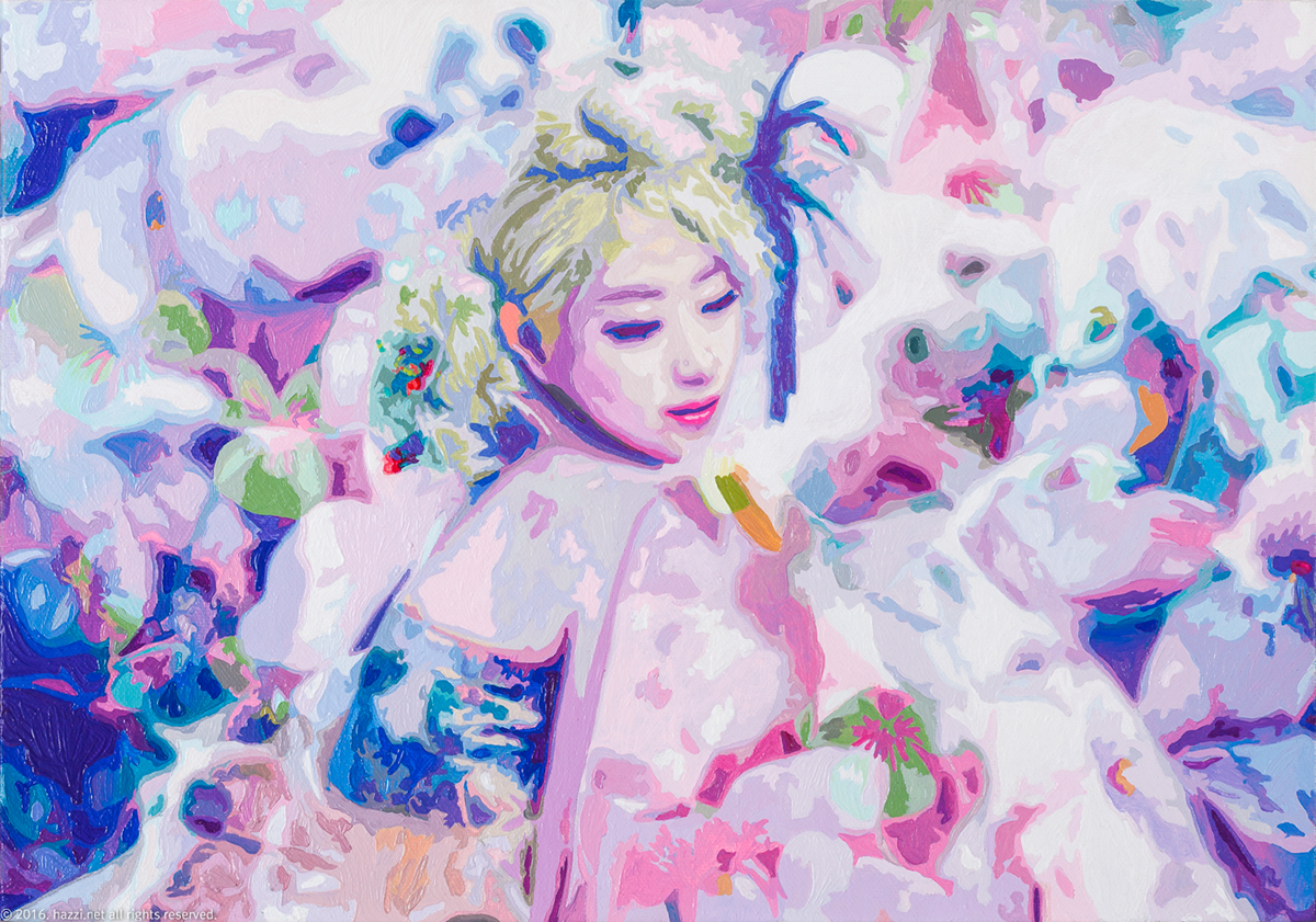 fig forest women flower dream gisaeng hanbok Korea blonde traditional Entertainer girl violet blue