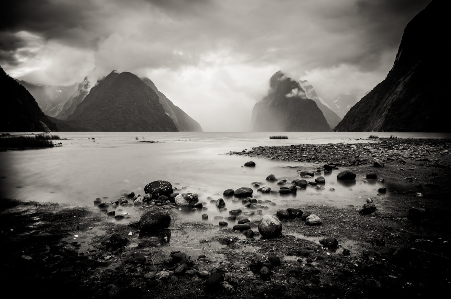 black and white b&w monochrome FINEART Kimmo Savolainen Landscape New Zealand art greyscale photo dark long exposure mountains