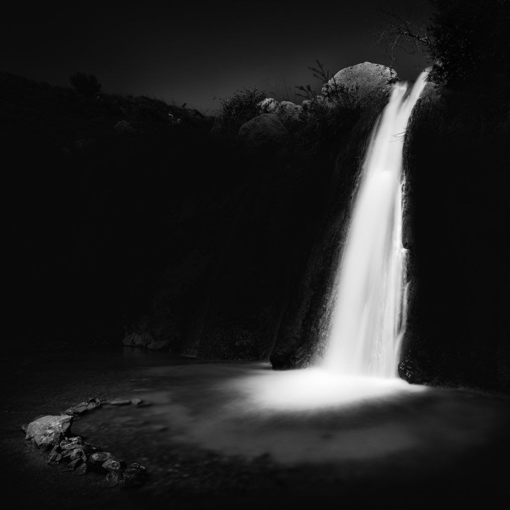 black and white waterfall long exposure