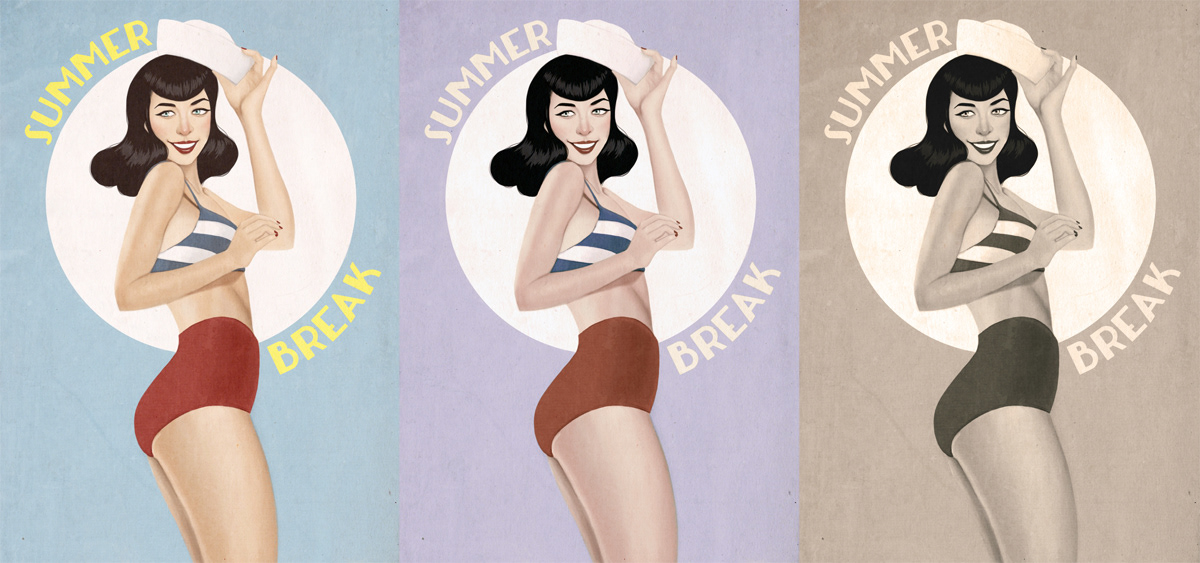 vintage  pin-up  bettie page  summer break  poster  Grunge  textured k-umi  Illustration  2013