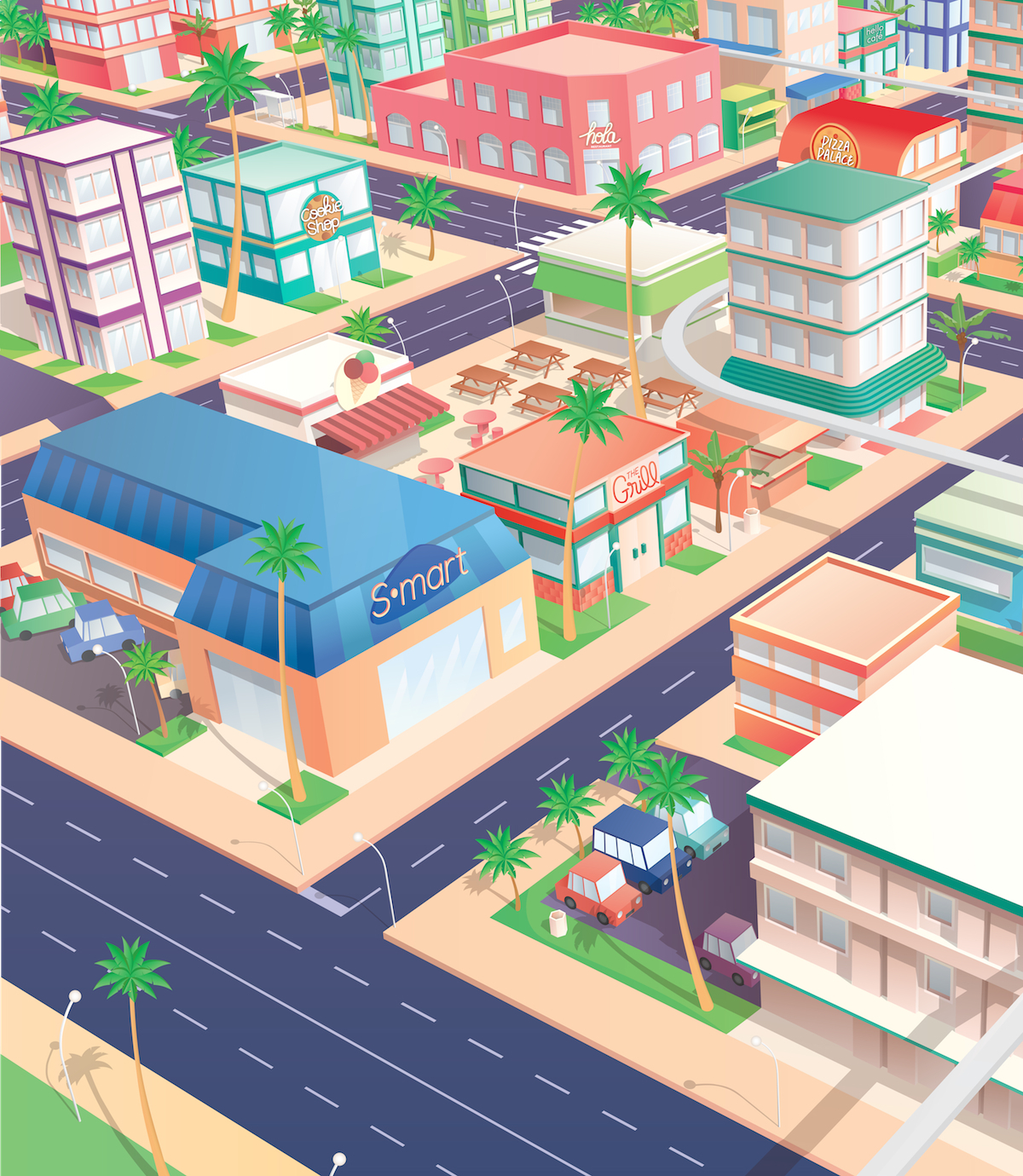 city Illustrator vector animated video car transportation Urban Tropical palm store restaurant shop monorail train