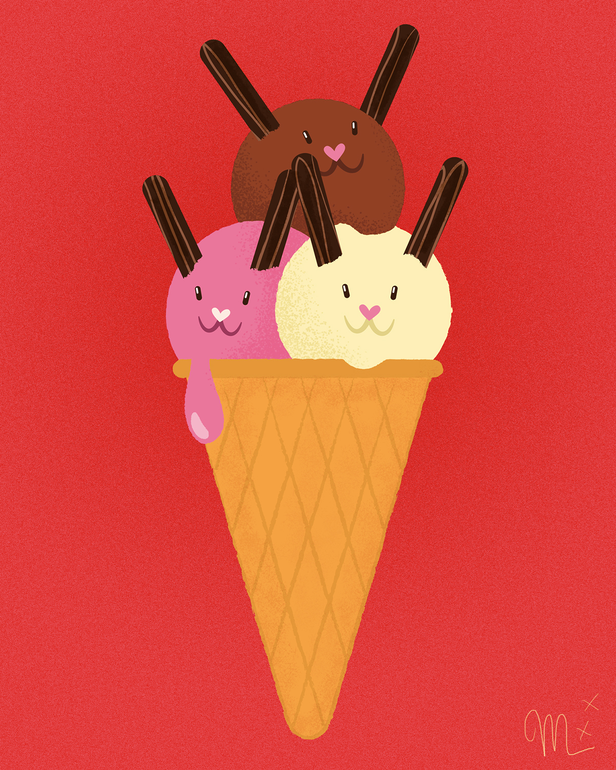 bunny icecream chocolate vanilla strawberry cone tasty Drippy food illustration