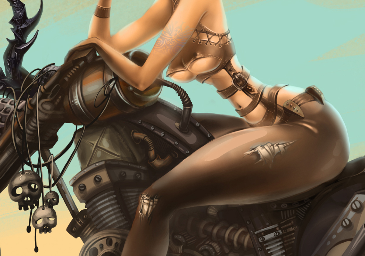 art Character design digital hatra INI girl motocycle monoculars STEAMPUNK punk rock alien leather desert