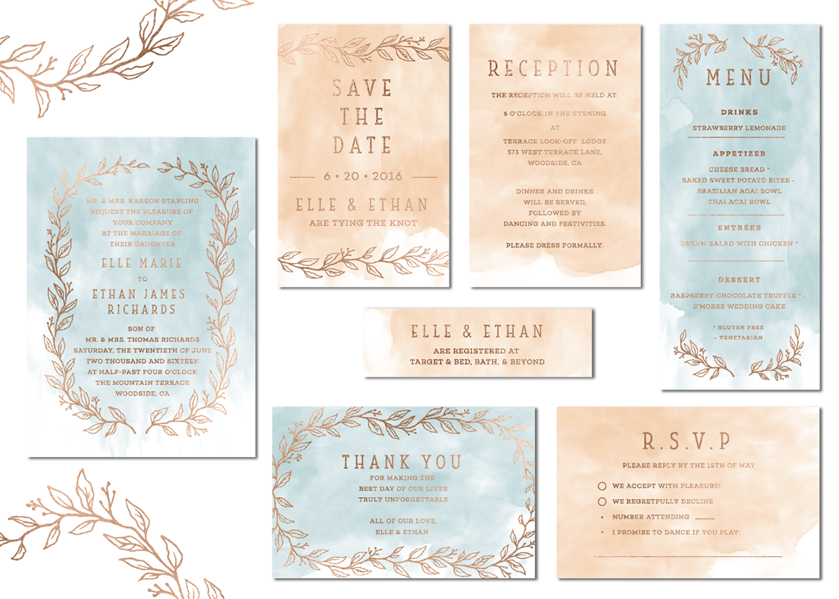 wedding Invitation stationary watercolor copper vellum Quality Classic rsvp menu design pastel vines Style elegant