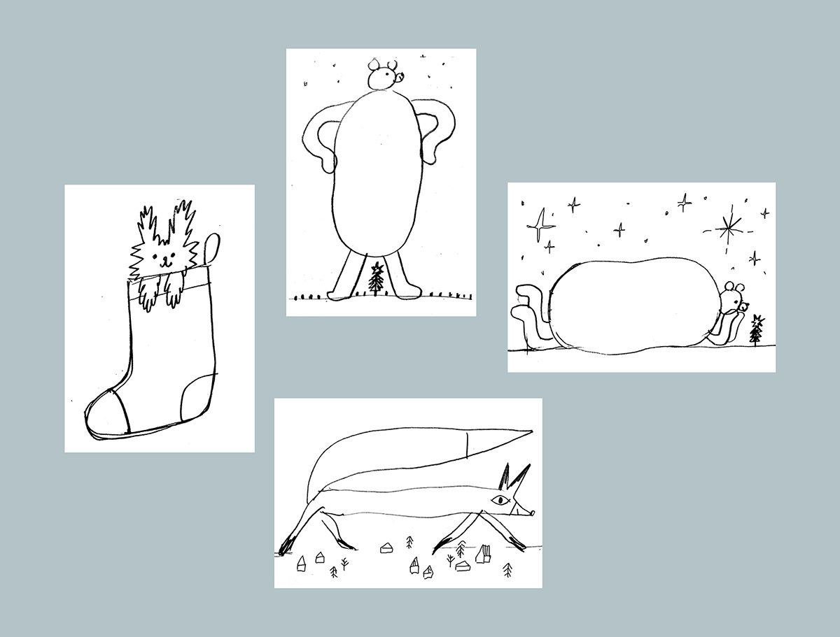 animals children illustration Christmas dog FOX postcard printmaking Risoprint snow winter