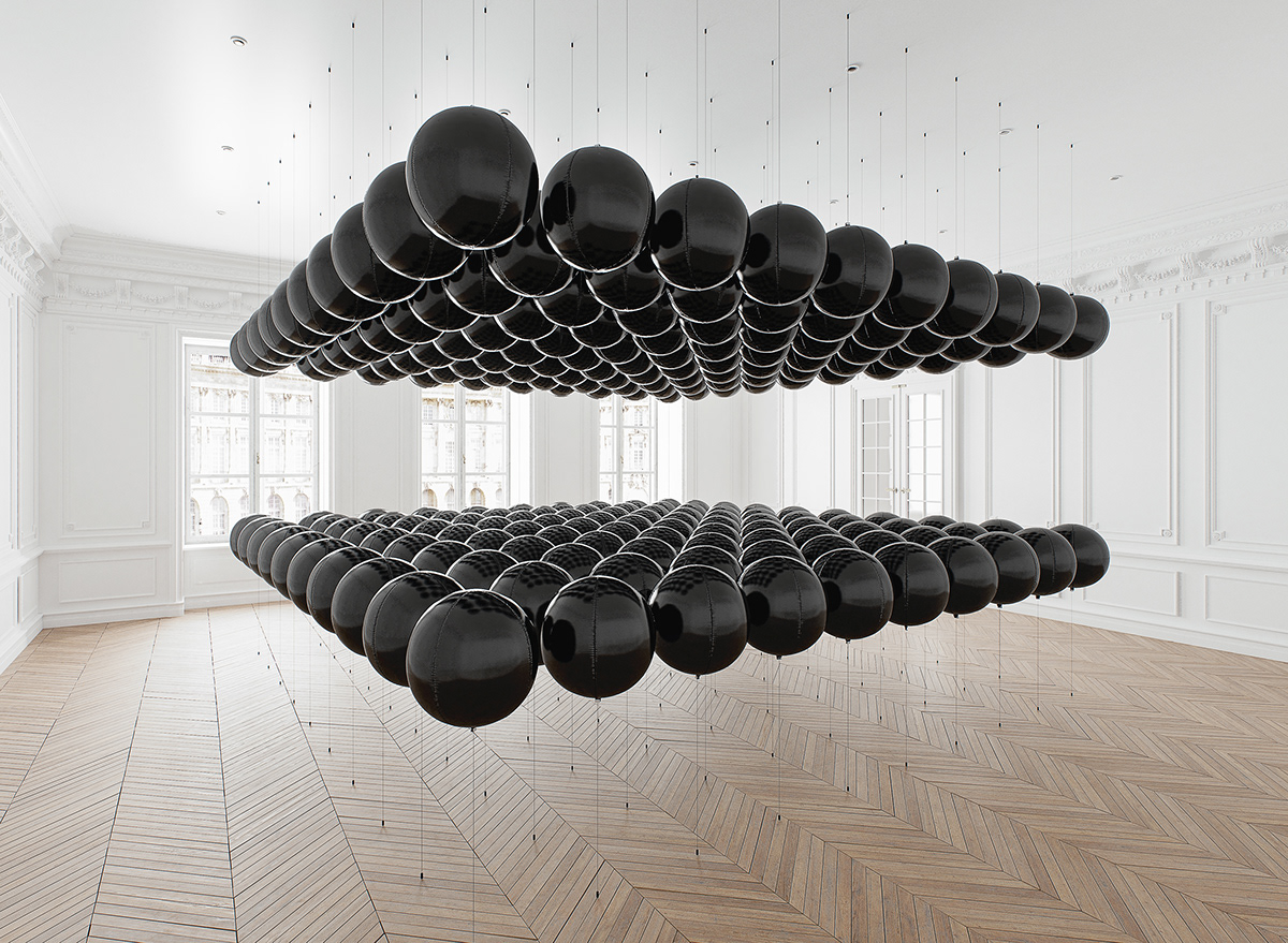 Contemporary art installation "Black Balloons" by Tadao Cern 