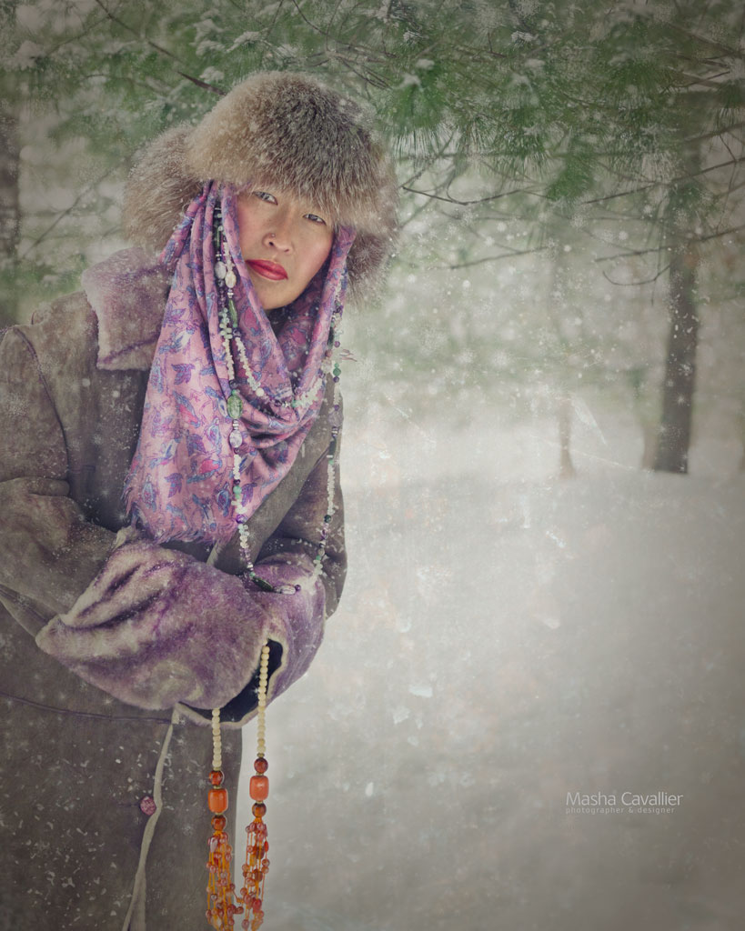 mongolian FAIRY TAIL fantasy forest natur woman snow winter portrait mongolian girl Toronto Masha Cavallier face fur hat