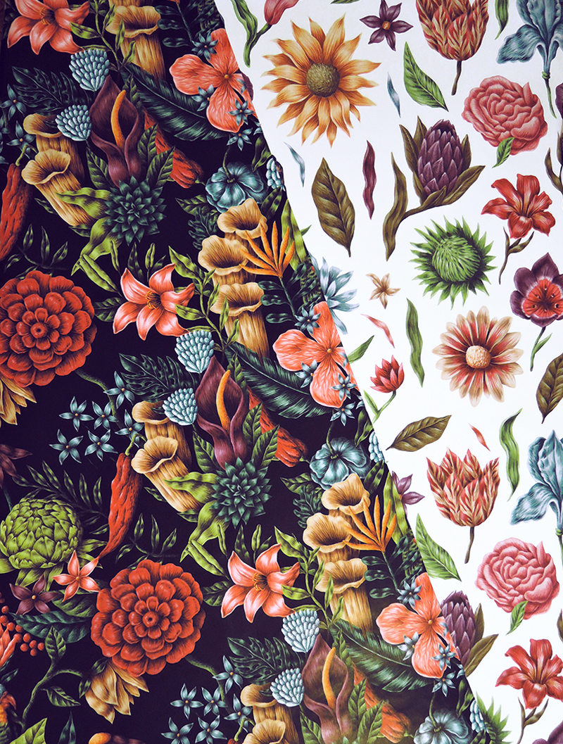 Saddo Wallpaper design illustration on paper Bar Burrito London Acrylics on paper floral pattern
