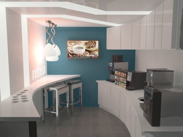3D  max break room  coffee GI raytracing final gather Render machines low-poly accent