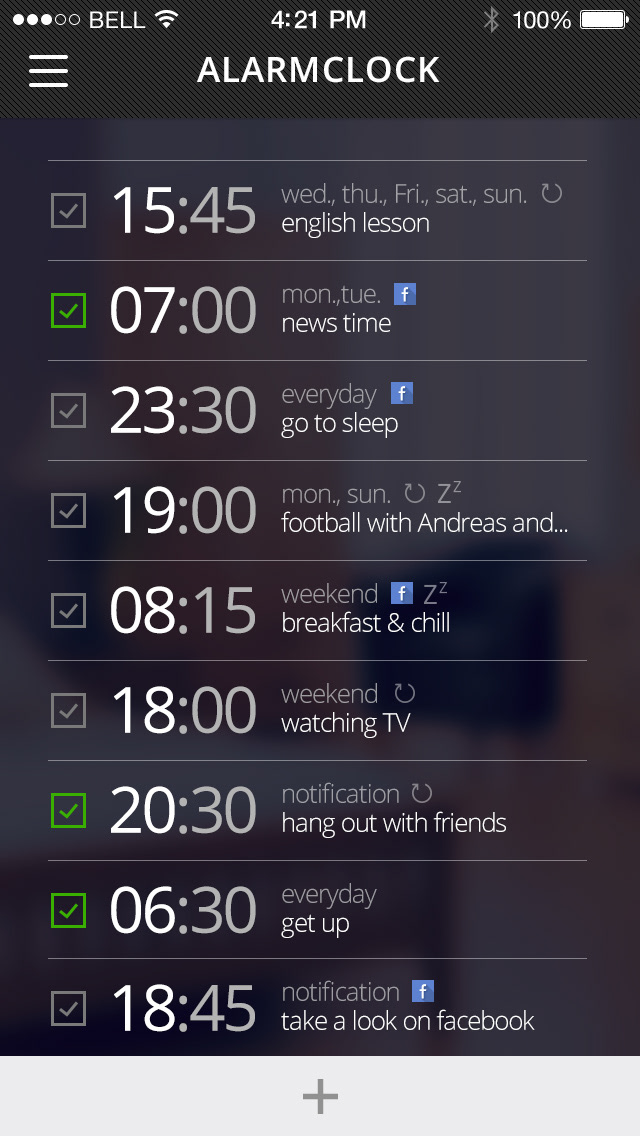 mobile app alarm clock profile blue purple dark