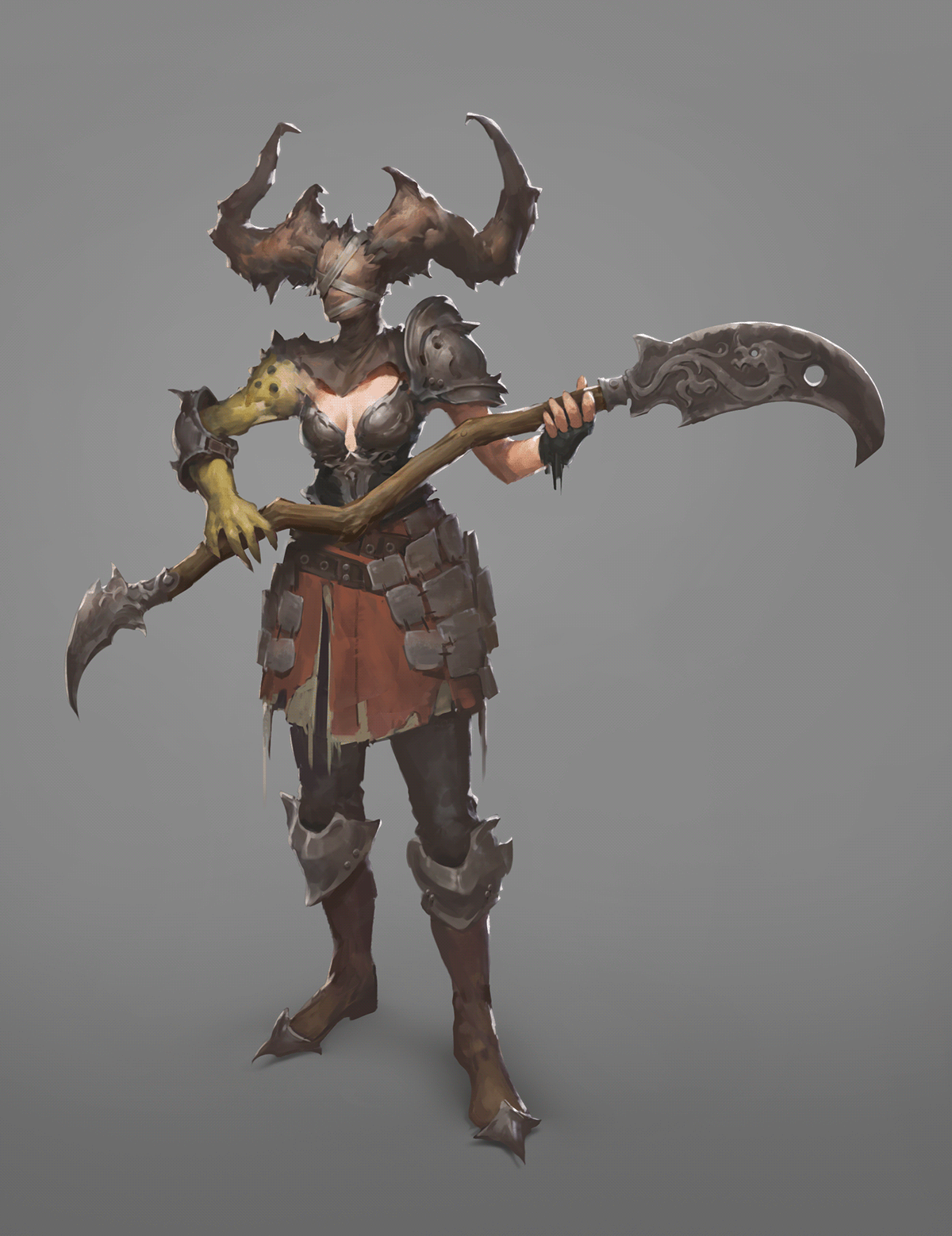 characterdesign conceptart creature digital2D fantasy female gameart scythe stylised Weapon