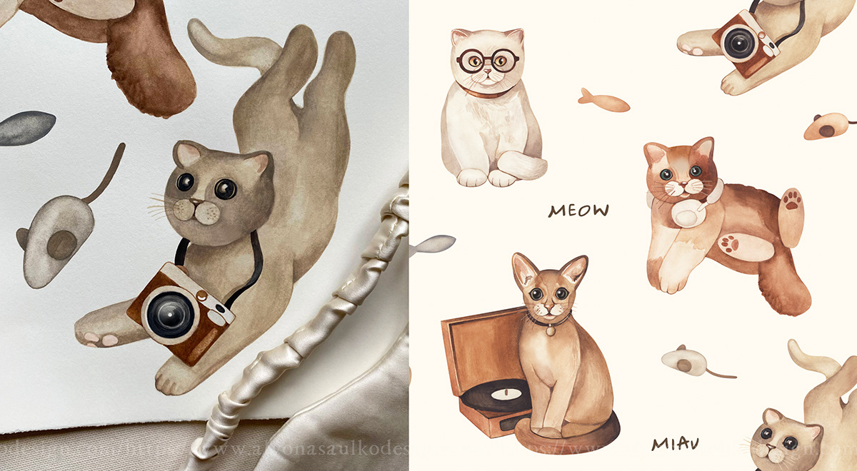kids illustration kidswear textiledesign pattern Cat seamless pattern design  watercolor ILLUSTRATION  Character design 