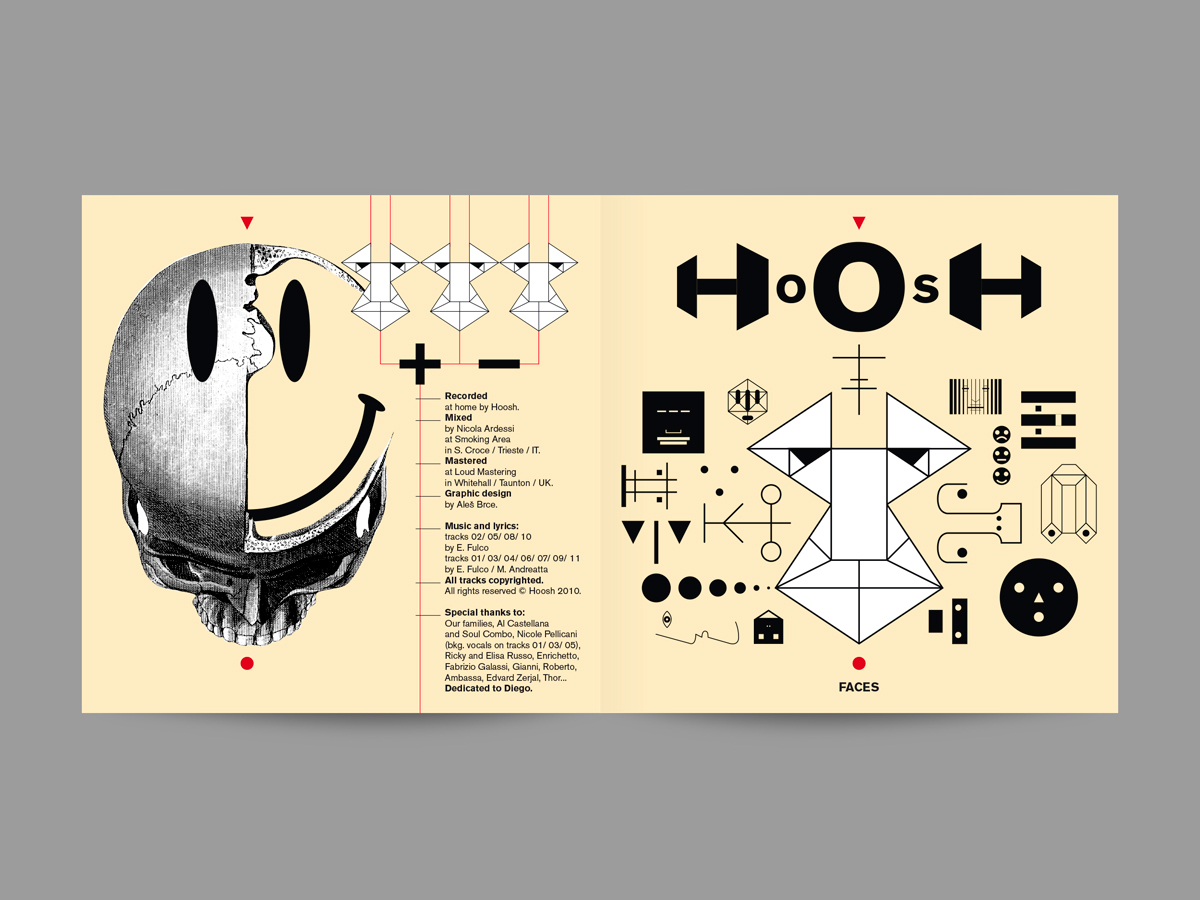 faces Hoosh bruno munari cd Jewelcase facial shapes Pantone 9160 U Pantone 1795 U Pantone Process Black silkscreen