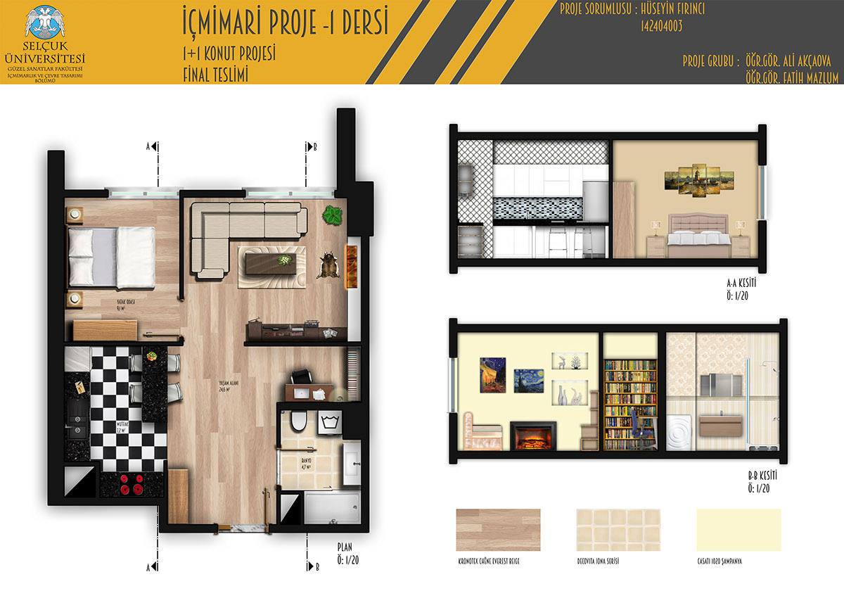 Stüdyo Dire İç Mimari Proje mekan tasarımı 1+1 Stüdyo floor plan section kat planı kesit photoshop pafta