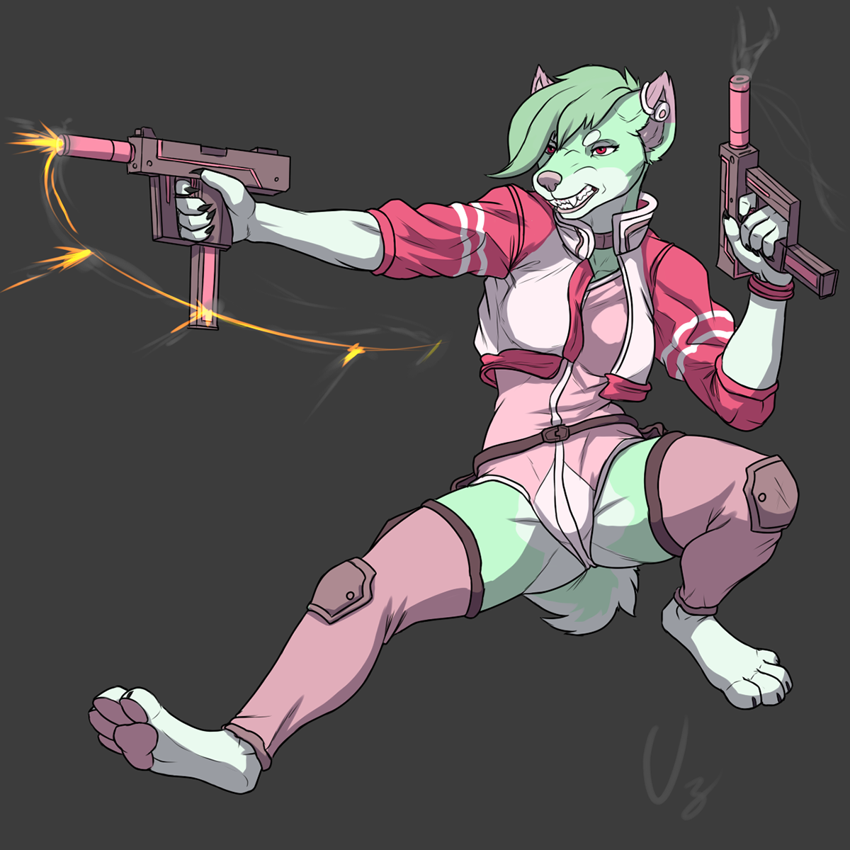 anthro female furry green greenhair pink Weapon commission