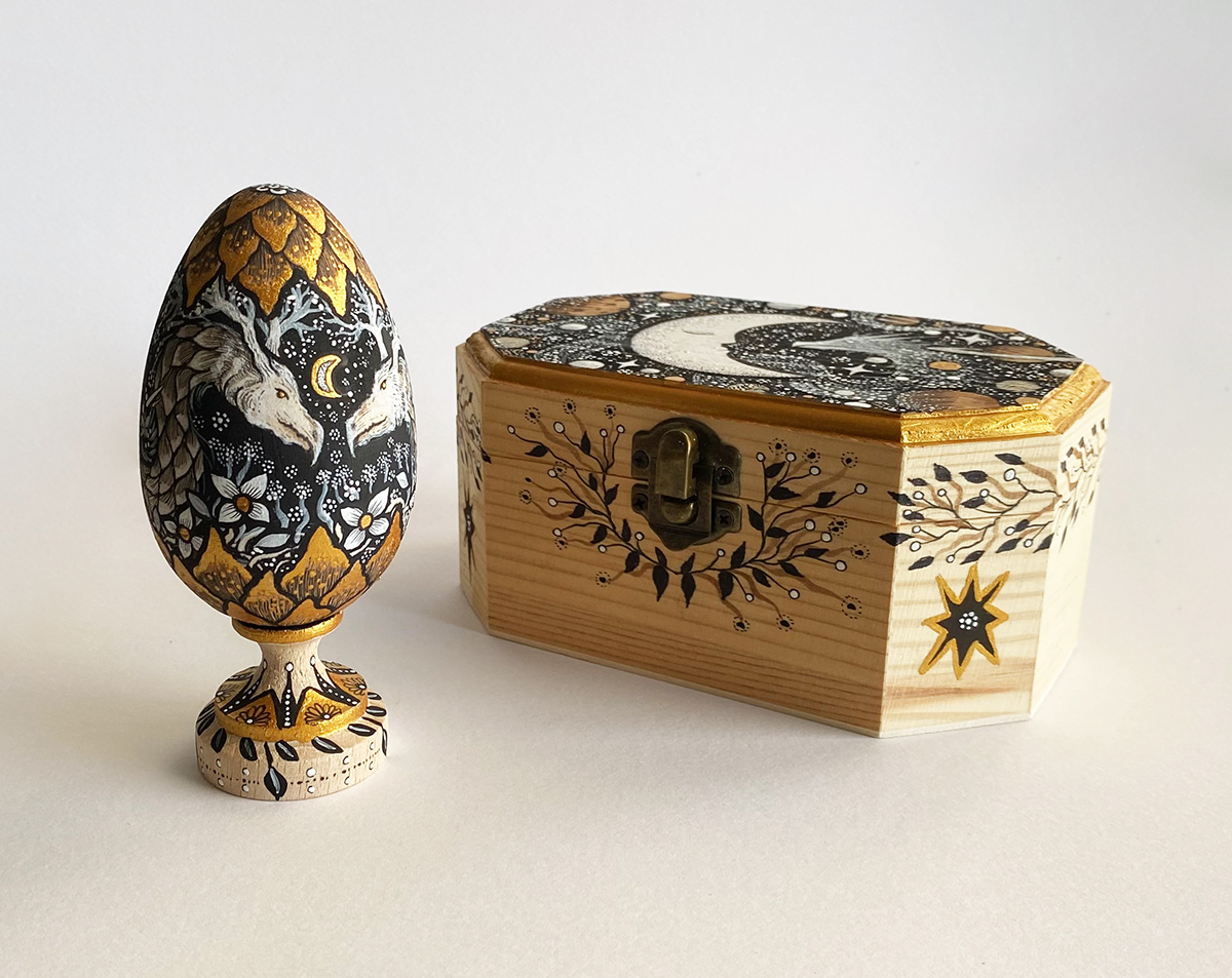 Illustrated Wooden Eggs animals dragon Drawing  Easter fantasy art ILLUSTRATION  keepsake box painting   wood art