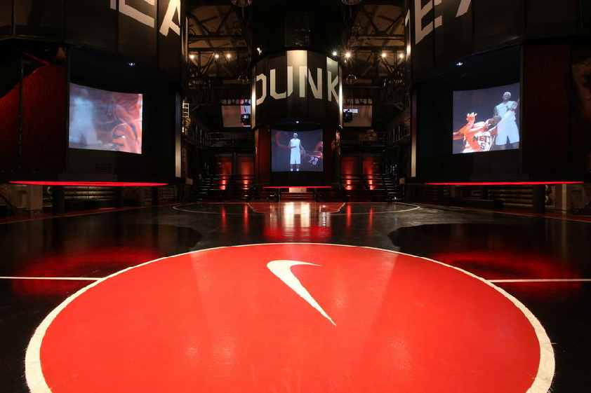 Nike LeBron shoe launch Event basketball court interactive Exhibition  Plan red six move hologram cylinder