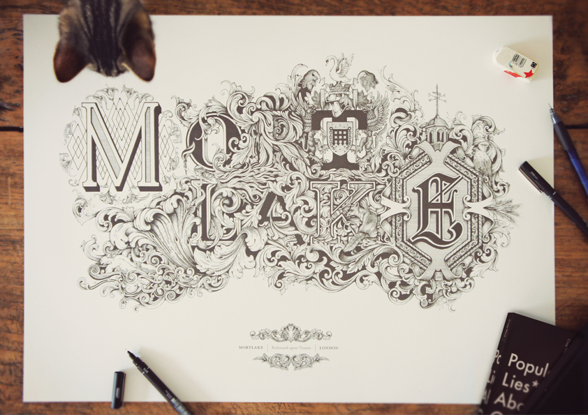 Mortlake Richmond London Black&white pen paper details flourishes baroque rococo history england hand drawn lettering Fables