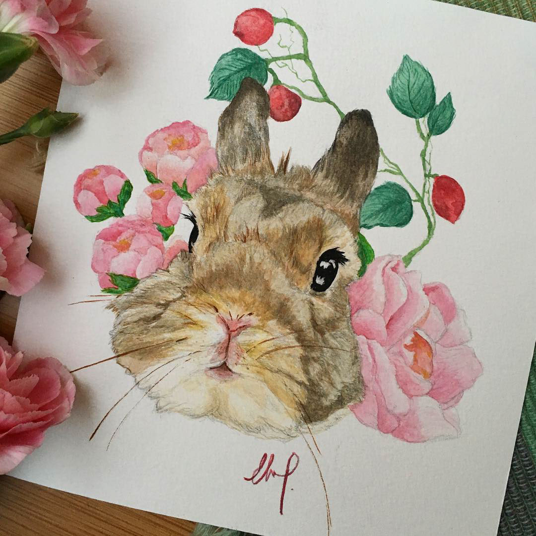 pets ILLUSTRATION  watercolor cute bunny Cat Flowers art portraits painting  
