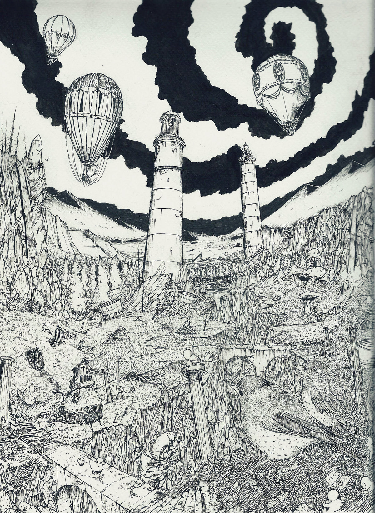 ink Fineliners detail fantasy imagination story birds lighthouse balloon childrens dark irish pen